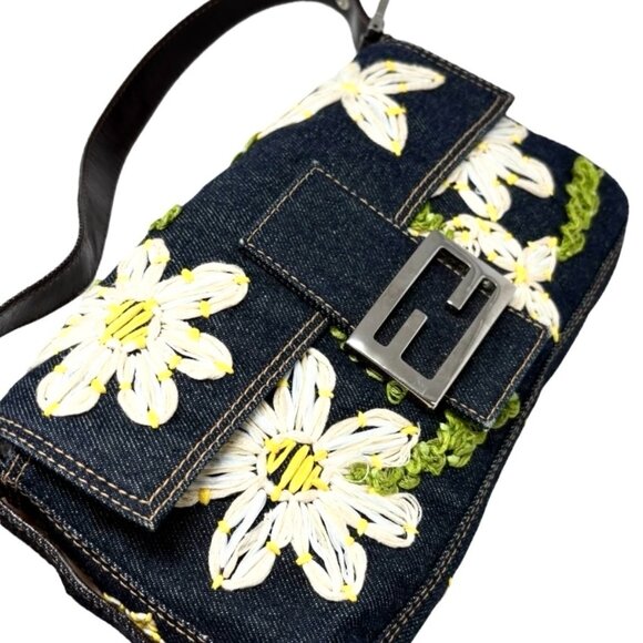 FENDI Vintage FF Logo Mamma Baguette Denim Shoulder Bag Flower Blue [106339] - Picture 7 of 12